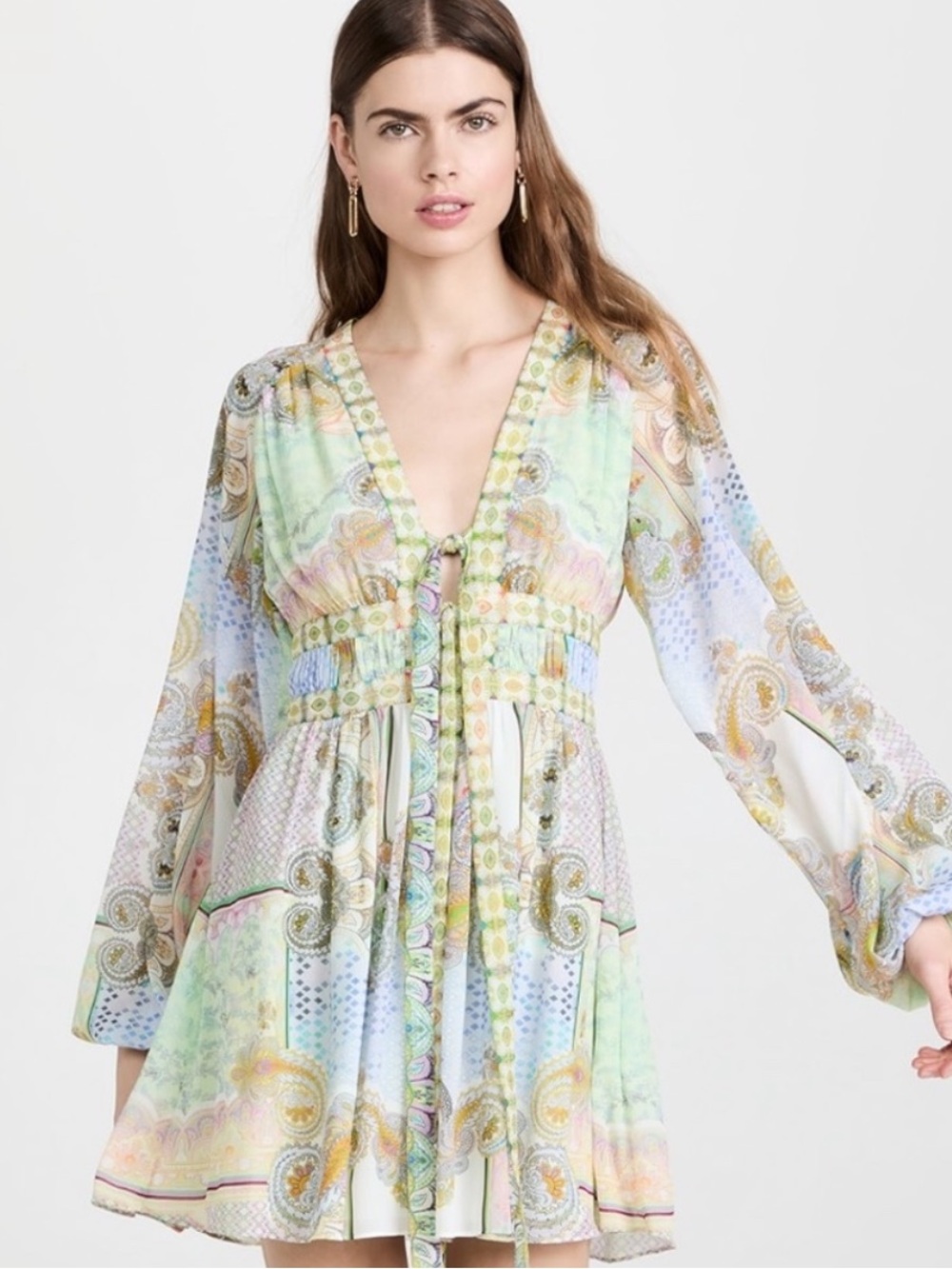 Alexis NWOT Tessie Rococco Paisley Green Tie Front Mini Dress Long Sleeve Sz XS